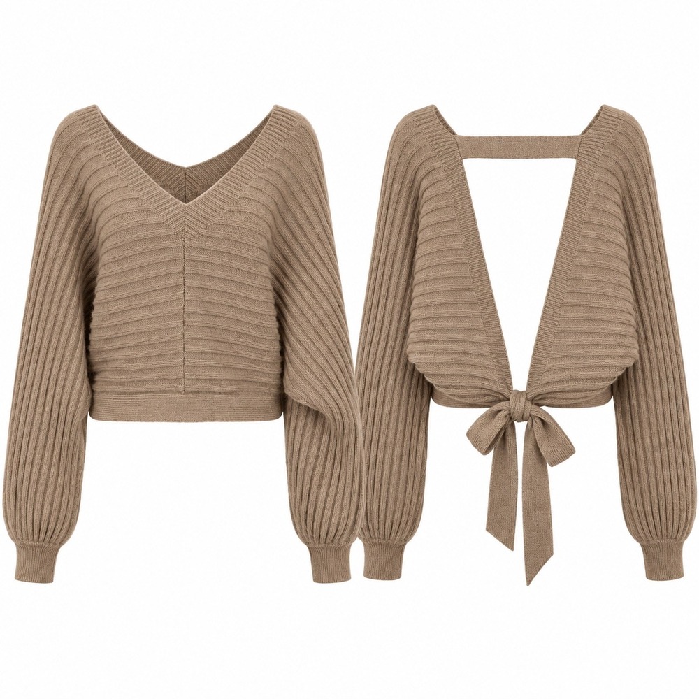 Tan Ribbed Knit V-Neck Open Back Tie Hem Cropped Sweater Balloon Sleeve Taupe